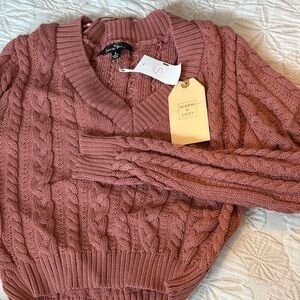 Love Tree Dusty Rose V-Neck Cable Knit Sweater